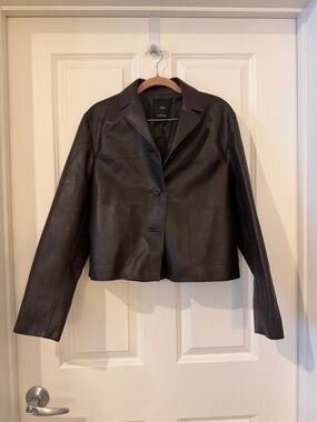 Mango Leather-Look Brown Crop Button-Front Jacket